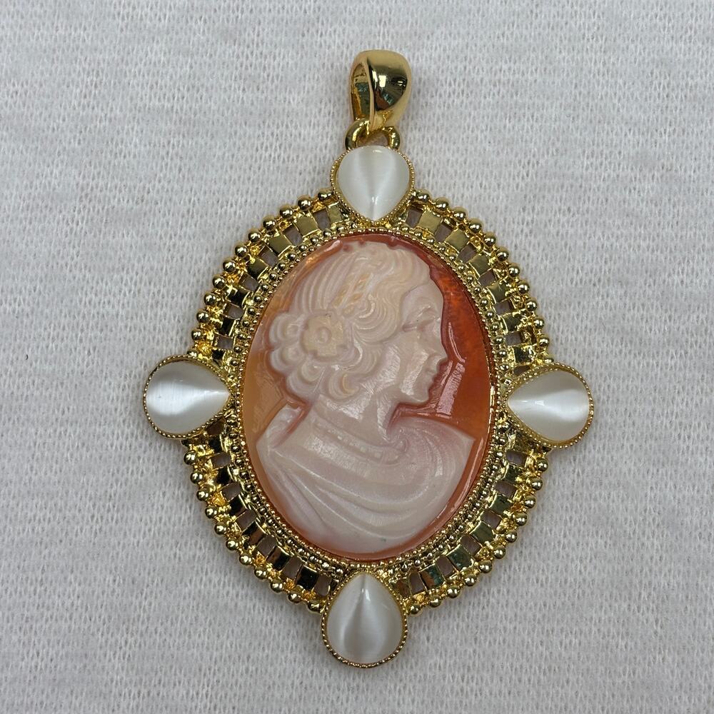 Amedeo Gold-Tone Carved Shell Portrait Cameo Pendant HSN mfg China